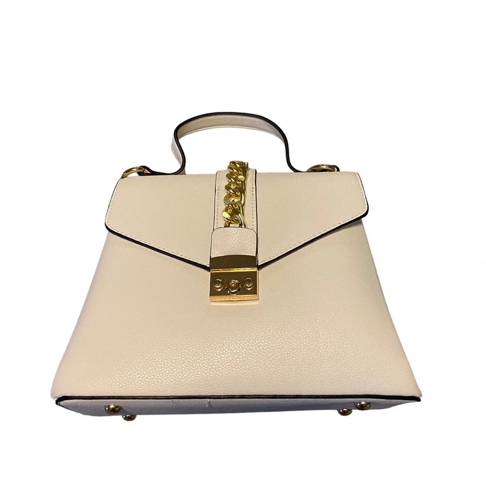 Chic Ivory Vegan Leather with Gold Tone Chain Detail Convertible Crossbody Bag